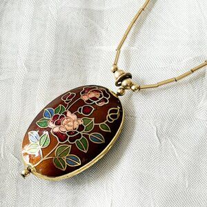 Vintage Cloisonné Red Enamel Floral Oval Pendant Necklace